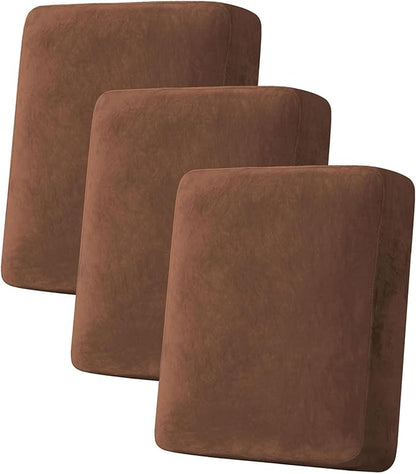 H.VERSAILTEX Velvet Stretch Couch Cushion Cover Plush Cushion Slipcover for Sofa Cushion Furniture Protector Seat Cushion Sofa Cover (3 Piece Sofa Cushion Covers, Caramel)
