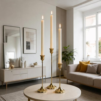 3-Piece Tapered Candleholder Set Brass-Finish Gold Column Candleholders Metal Vintage Decor Dining Table Centerpiece Wedding Mantelpiece Housewarming Gift