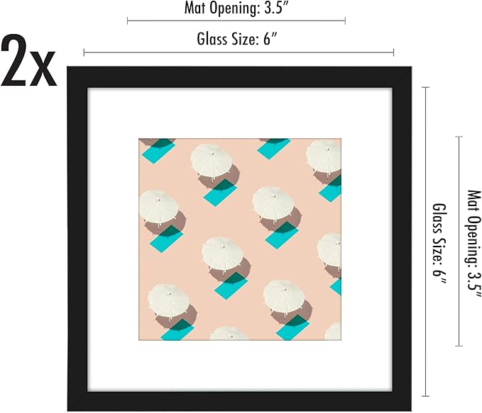 Americanflat 6x6 Picture Frame with Shatter-Resistant Glass - Set of 2 - Use as 4x4 Frame with Mat or Display 6x6 Photo Without Mat - Streamline Collection - Square Frames for Tabletop or Wall - Black