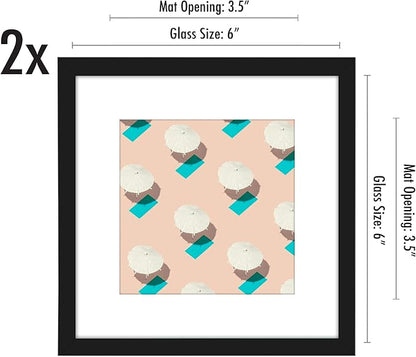 Americanflat 6x6 Picture Frame with Shatter-Resistant Glass - Set of 2 - Use as 4x4 Frame with Mat or Display 6x6 Photo Without Mat - Streamline Collection - Square Frames for Tabletop or Wall - Black