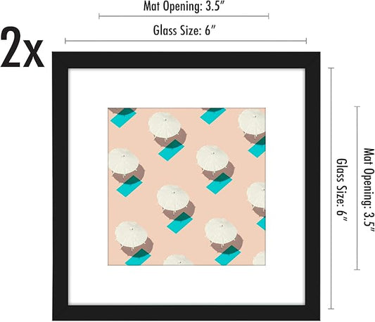 Americanflat 6x6 Picture Frame with Shatter-Resistant Glass - Set of 2 - Use as 4x4 Frame with Mat or Display 6x6 Photo Without Mat - Streamline Collection - Square Frames for Tabletop or Wall - Black