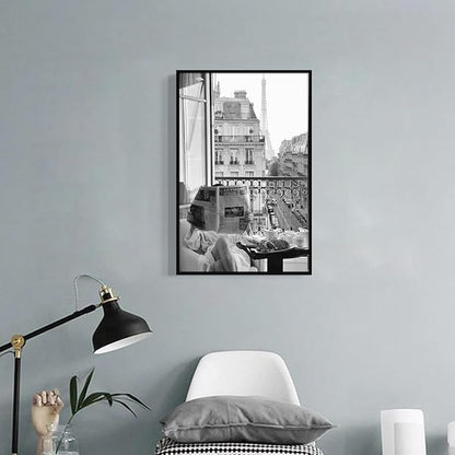 Black and White Photography Canvas Wall Art, Woman Reading Newspaper In Paris Hotel Aesthetic Poster, Retro Paris Tower Museum Photo Print, Luxury Fashion Breakfast Wall Decor 16x24in Framed