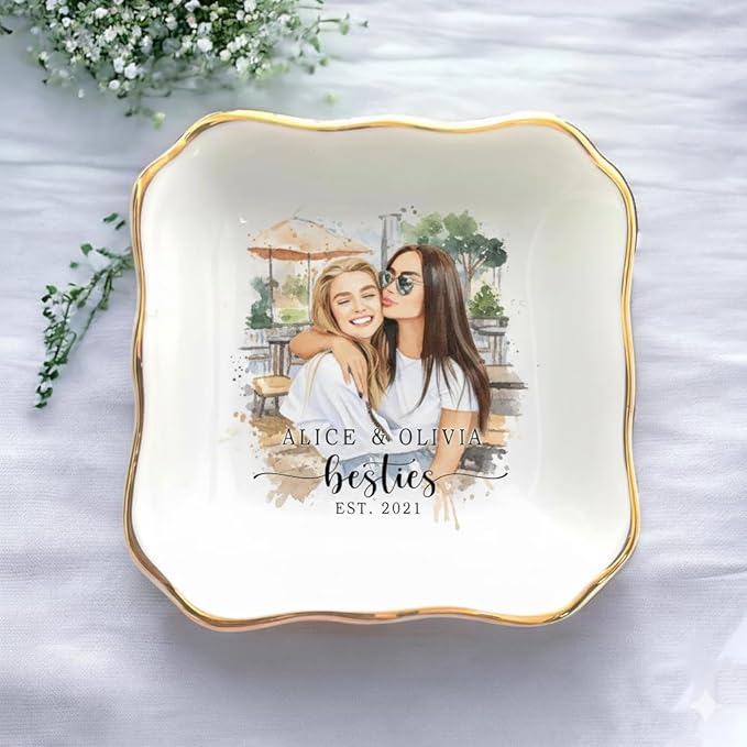 Custom Photo Watercolor Friend Ring Dish, Personalized Bestie Jewelry Dish, Soul Sister Trinket Dish Gift for Long Distance Friendship Women BFF Christmas Birthday Wedding Gift