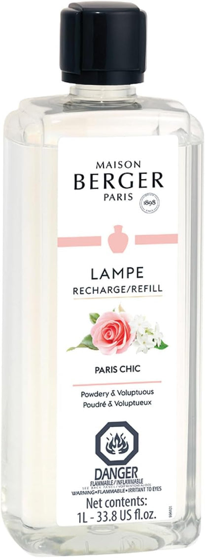 MAISON BERGER – Paris Chic Lampe Berger Fragrance Refill for Catalytic Lamp – 2-in-1 Purifying and Perfuming Powdery Floral Scent – 1 Liter (33.8 Fluid Ounces) – Bergamot Rose Musk