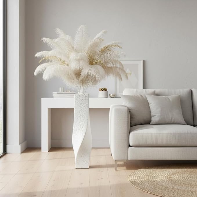 Tall Vases On Floor, 27.56" Twisted Geometric Flower Vase for Home, Living Room, Flower Centerpieces, Shelf, Table, Decor, White Crackle Vase