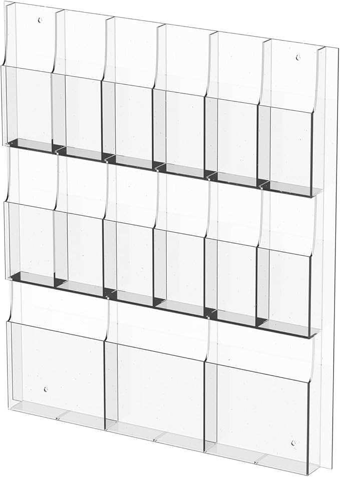 Acrylic Brochure Holder Wall Mount – 3 Magazine Racks & 12 Trifold Pamphlet Holders, Clear Literature Organizer for Office, Home, School, Clinic, Retail - Wall Mounted Flyer Display Rack, Transparent