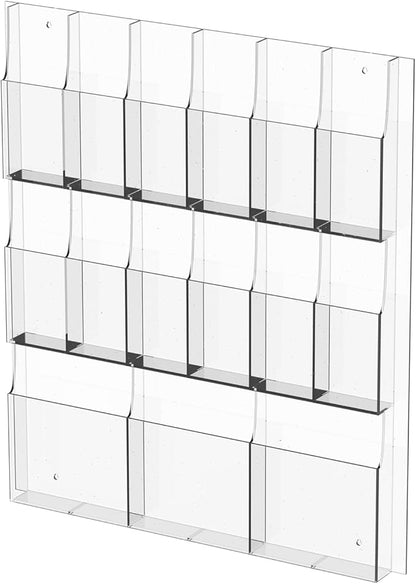 Acrylic Brochure Holder Wall Mount – 3 Magazine Racks & 12 Trifold Pamphlet Holders, Clear Literature Organizer for Office, Home, School, Clinic, Retail - Wall Mounted Flyer Display Rack, Transparent