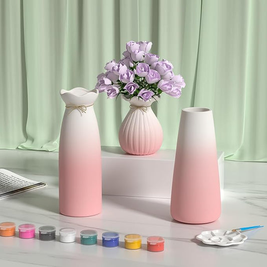 OERGKE 3-Pack Ceramic Vase with Painting Kit, Small vases for Flowers, Modern Rustic Boho Vases for Home Living Room Farmhouse Decor Dining Table Bedroom Table and Kitchen Shelf (Pink)