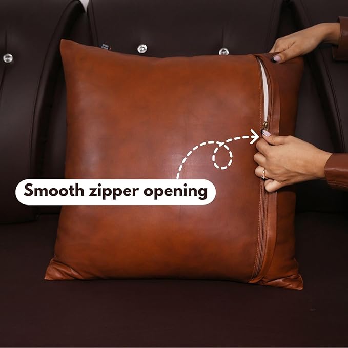 D DOLLY LAMB Lambskin Leather Pillow Cover - Sofa Cushion Case - Decorative Throw Covers for Living Room & Bedroom, 18x18 Inches - Mango Tan Antique Pack of 2