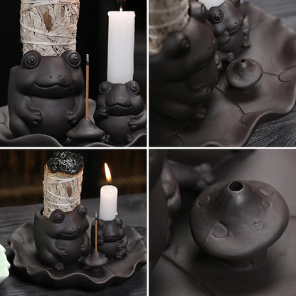 ChangWanna Multifunction 4 in 1 Frog Incense Holder, Palo Santo Holder, Sage Holder, Ceramic Incense Stick Holder for Burning - Cute Ash Catcher Tray for Yoga/Meditation/Home Room Office Decor, Black