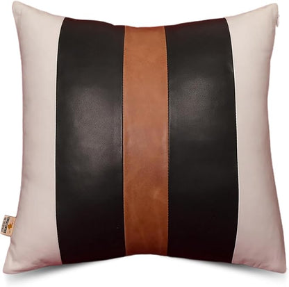 Genuine Lambskin Leather Pillow Cover, 22x22 Inch Case for Lumbar Throw Couch Pillows, Thick & Soft Cushion Covers for Sofa Bed Home Décor (White Black & Tan Pack of 1)