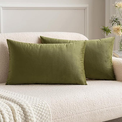 MIULEE Velvet Throw Pillow Covers 12x20 Inch, Pack of 2 - Olive Green, Soft Solid Lumbar Decorative Pillow Covers Modern Luxury Home Decor for Chair Couch Sofa Bedroom Livingroom