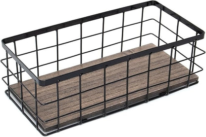 ROSE BLOOM Small Metal Wire Storage Basket, Decorative Wood Base Organizer Bins for Bathroom, Kitchen, Laundry Room, Pantry, Basket for Toilet Paper, Fruits, Spices（1 Pack