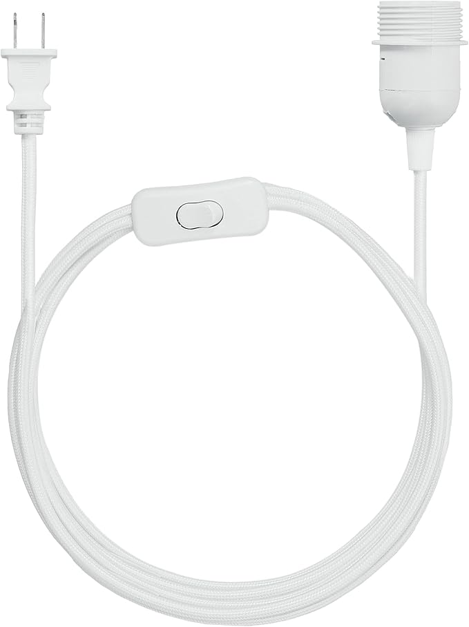 kwmobile Plug-in Light Cord - 20ft Long Fabric Pendant Lamp Cable with Plug, E26 Socket - for Hanging DIY Ceiling Lighting - White