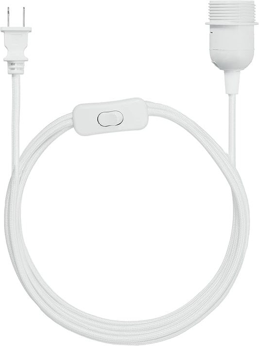 kwmobile Plug-in Light Cord - 20ft Long Fabric Pendant Lamp Cable with Plug, E26 Socket - for Hanging DIY Ceiling Lighting - White