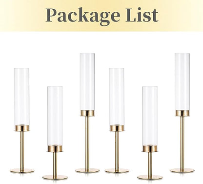 Hewory Gold Candle Holders Hurricane Candlestick Holders, 6Pcs Candle Stick Candle Holder Candelabra, Taper Candle Holders with Glass Candle Cover for Wedding Table Centerpiece Christmas Decor