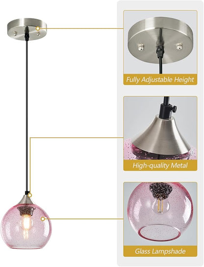 Pink Glass Pendant Lights Kitchen Island Globe Pendant Light Fixtures Modern Pendant Lighting for Bedroom Living Dining Room Light Fixture (5.9 in, 3 Pack)