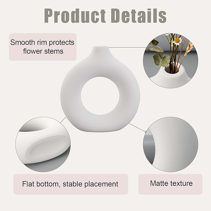 White Ceramic Vase, 2Pcs Round Boho Style Pampas Grass Home Vases, Minimalist Modern Donut Flower Vase for Living Room Office Wedding Coffee Table Decor