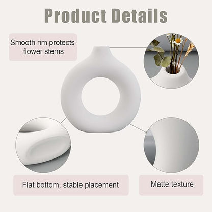 White Ceramic Vase, 2Pcs Round Boho Style Pampas Grass Home Vases, Minimalist Modern Donut Flower Vase for Living Room Office Wedding Coffee Table Decor