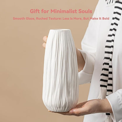White Ceramic Vase with Woodgrain Texture & Vertical Lines - 9.3" Unique Flower Vase for Pampas Grass & Centerpieces, Farmhouse/Boho Decorative Vase for Living Room, Office Desk &Gift for Her/Yourself