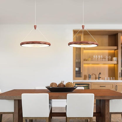 HEYAN 15.8" Farmhouse Pendant Light in Walnut Wood Finish, Light Fixtures Over Table，Original Design Angled-Facet Ring Kitchen Island Lighting for Dining Room Table Coffee Bar Counter