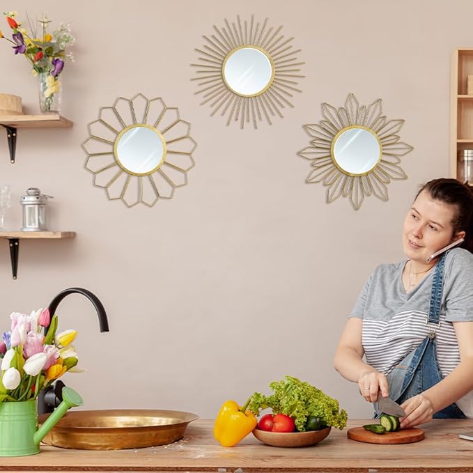 hogardeck Metal Mirrors Wall Decor - 3 Pcs 11" Metal Sunburst Flower Wall Mirrors Home Décor, Decorative Hanging Wall Art for Living Room, Bedroom, Kitchen, Bathroom, Entryway