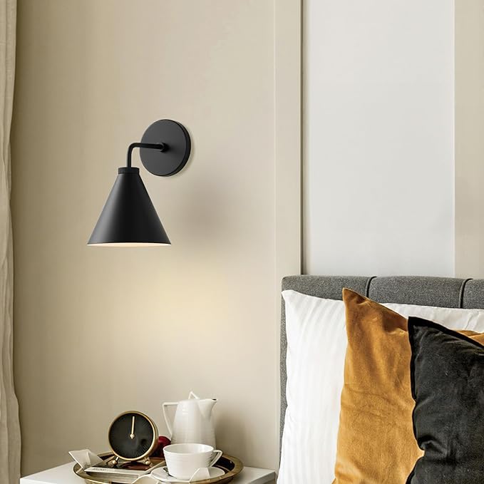 Retro Industrial Metal Cone Sconce Light - Vintage Inspired Modern Black Wall Sconce with Metal Shade, Wall Mount Lighting for Bedroom, Hallway, Living Room (10.5“W x 10.5" L x 12.5" H Black)
