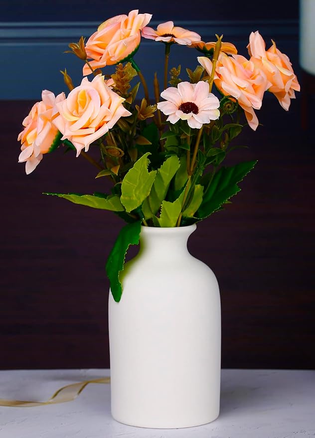 Ceramic White Small Vase, Minimalist Dry Flower Holder, Modern Farmhouse Decor for Tabletop, Shelf & Fireplace, Kitchen, Bedroom, Office Centerpiece