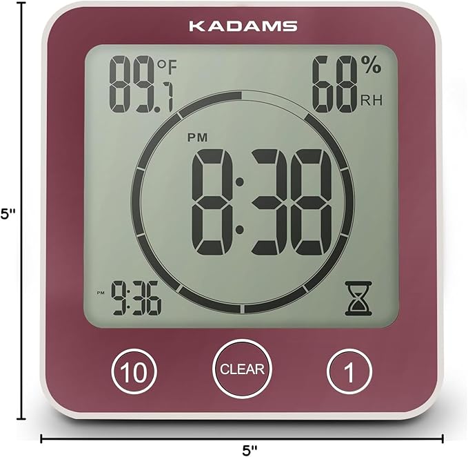 KADAMS Shower Clock Waterproof Bathroom Timer – Digital Wall Clock with Countdown, Magnetic Kitchen Clock with Temperature & Humidity, Suction Cup for Kids Shower Spa Cook Bath (Rose)