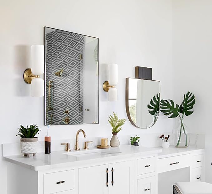 Gold Wall Sconces Set of Two 2-Light Modern Wall Light 3.93"(W)*15.4"(H) Bathroom Vanity Light Milky White Glass