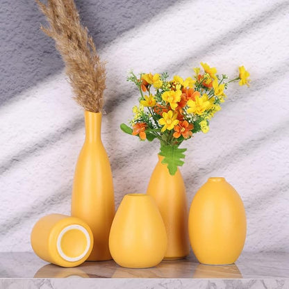 Yellow Ceramic Bud Vases Set of 5, Farmhouse & Fireplace Decor, Multipurpose Home Decoration for Living Room, Entrance, Bathroom, Kitchen & Office, Coffee Table Decor, Bulk Bud Vases