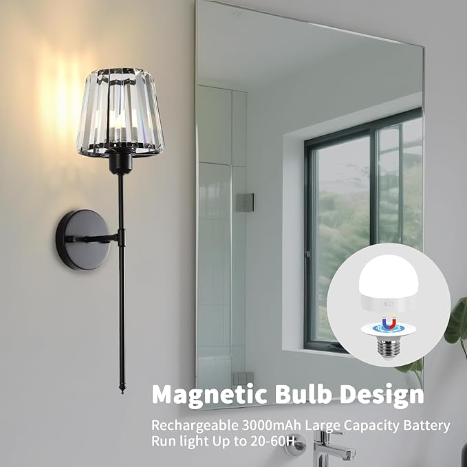 Battery Operated Crystal Wall Sconce Set of 2, Matte Black Wireless Wall Light with Remote Control, LED Dimmable 15 Colors USB Rechargeable Light Bulbs Wall Lamp for Bedroom Living Room Hallway