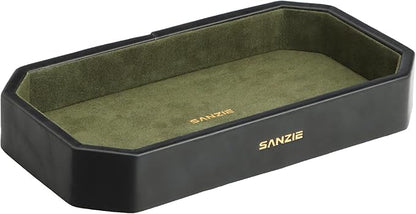 SANZIE Leather Tray Organizer Small Trays Decorative Tray Desktop Storage Premium Serving Tray Valet for Sundries Cosmetics Keys Phone Wallet Cutlery (Black, Small)