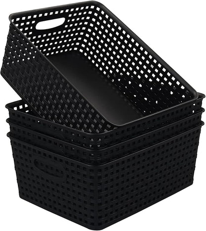 Morcte Plastic Weave Shelf Basket, 4-Pack Plastic Baskets Organizer, Black