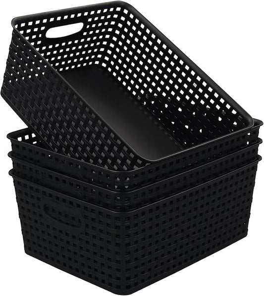 Morcte Plastic Weave Shelf Basket, 4-Pack Plastic Baskets Organizer, Black