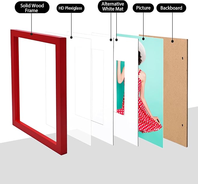 KINLINK 10x12 Picture Frame Red, Solid Wood Frames with Acrylic Plexiglass for 7x9 with Mat or 10x12 without Mat, Tabletop and Wall Mounting Display, 4 Pack