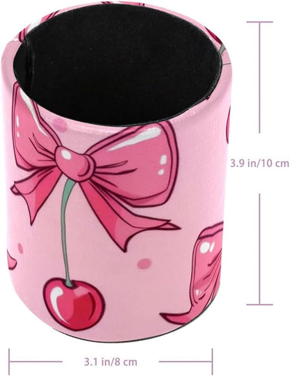 Pink Bows and Cherries on Pink Background Pen Holder for Desk, Round Pencil Cup Desktop Stationery Organizer for Home Office School Desk Brushes Storage