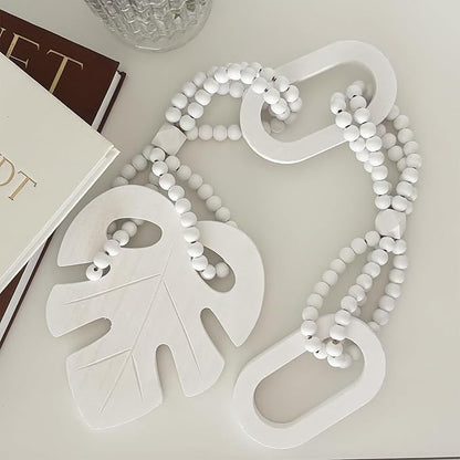 Unique Wood Beads with Chain Link and Leaf, Decorative Beads Home Decor, Knot Beaded Garland Decor, Housewarming Gift, White