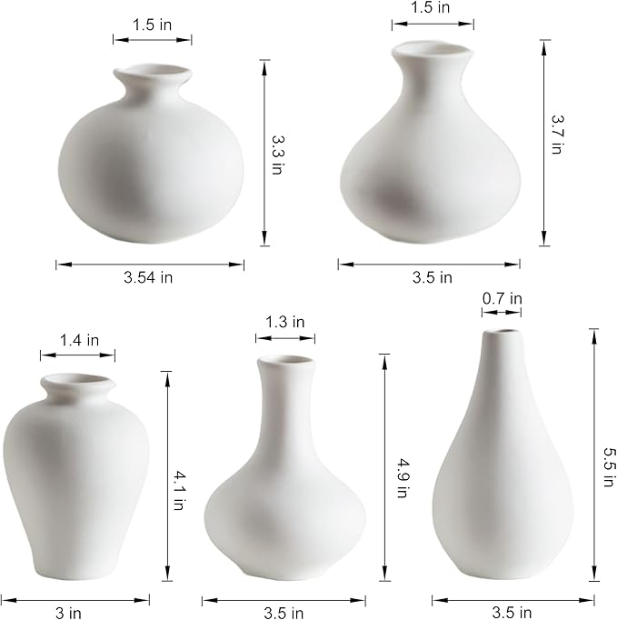 Tanvecle Small White Vases, Ceramic Bud Vase Set of 5, Mini Pottery Vases for Pampas Grass, Flowers, Decorative Vases for Home Modern Decor, Rustic Decor, Veses for Living Room Dining Table Shelves