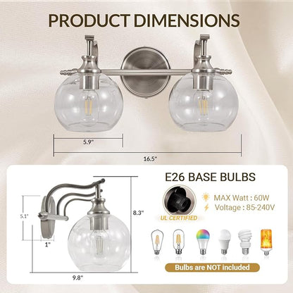 ANDY STAR Brushed Nickel Bathroom Light Fixture, 2 Light Bathroom Vanity Light, Farmhouse Silver Wall Sconce, Anti-Rust Wall Lamp with Sturdy Metal Lamp Body for Bedroom, Living Room, Restroom