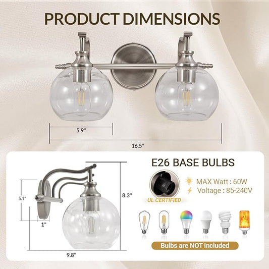 ANDY STAR Brushed Nickel Bathroom Light Fixture, 2 Light Bathroom Vanity Light, Farmhouse Silver Wall Sconce, Anti-Rust Wall Lamp with Sturdy Metal Lamp Body for Bedroom, Living Room, Restroom