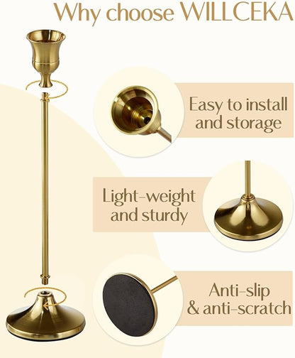 Willceka Gold Candlestick Holders, Taper Candle Holders, Set of 6 Brass Candle Holder Set, Vintage Table Centerpiece for Wedding Christmas Holiday