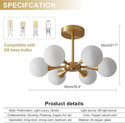 Radiya Modern Brushed Brass Gold Ceiling Light with White Spherical Milk Glass Lampshade, Semi Embedded Ceiling Light Fixture for Living Room Bedroom Dining Room LobbyFoyer Hallway (6 Lights)
