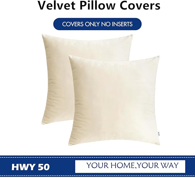 HWY 50 Cream White Velvet Throw Pillow Covers 18x18 Inch, Pack of 2 Soft Cozy Solid Decorative Luxury Cushion Cases for Couch Sofa Bed Living Room Bedroom