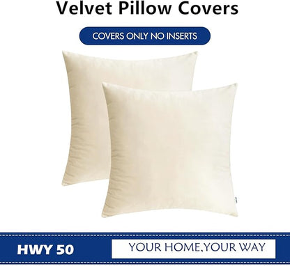 HWY 50 Cream White Velvet Throw Pillow Covers 22x22 Inch, Pack of 2 Soft Cozy Solid Decorative Luxury Cushion Cases for Couch Sofa Bed Living Room Bedroom