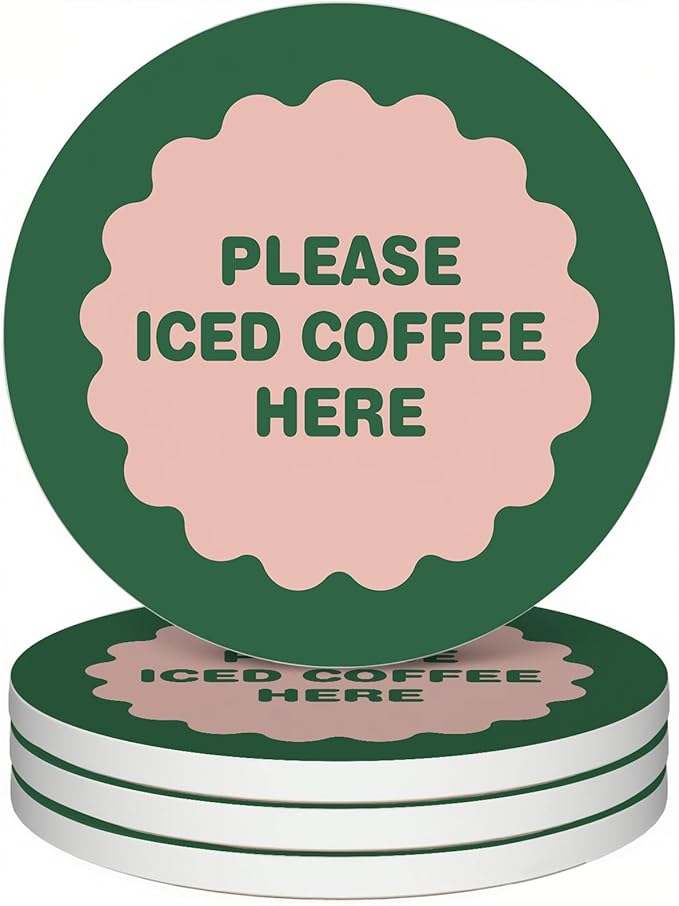 zcyhtqp, Please Iced Coffee Here, Funny Absorbent Round Ceramic Stone Coasters Set of 4 with Cork Base, Funny Coffee Coasters, Gifts for Home, Kitchen, Office Table Décor