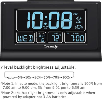 DreamSky Alarm Clocks for Bedrooms with Battery Backup, Auto Set Digital Clock with Date and Day of Week, Temperature, USB Port, Auto DST, Dimmer, 12/24H