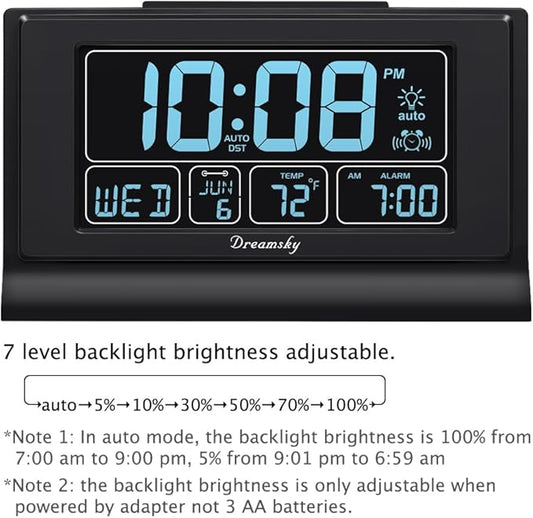 DreamSky Alarm Clocks for Bedrooms with Battery Backup, Auto Set Digital Clock with Date and Day of Week, Temperature, USB Port, Auto DST, Dimmer, 12/24H
