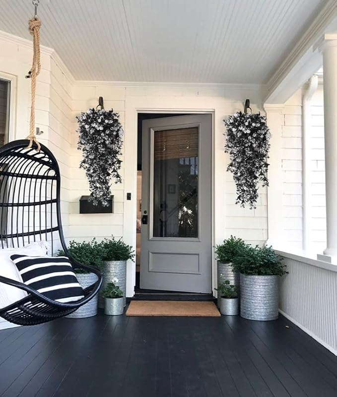 RECUTMS Realistic Artificial Black Hanging Plants Pack of 2 Faux Black Hanging Plant Outdoor Indoor with Lights LED Fairy String Rose Fake Hanging Flwers Decor for Office House (Black and White)
