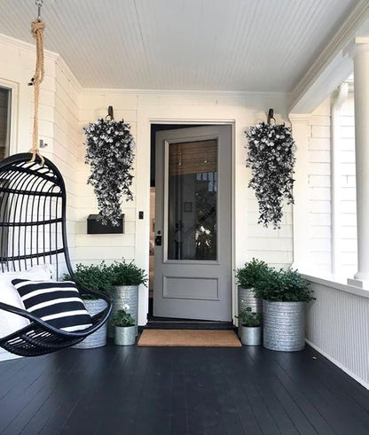 RECUTMS Realistic Artificial Black Hanging Plants Pack of 2 Faux Black Hanging Plant Outdoor Indoor with Lights LED Fairy String Rose Fake Hanging Flwers Decor for Office House (Black and White)